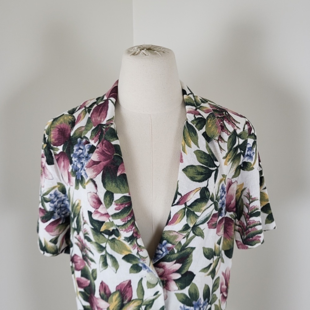 90’s botanical blazer short sleeve blouse button up floral long pockets vintage - Picture 5 of 16